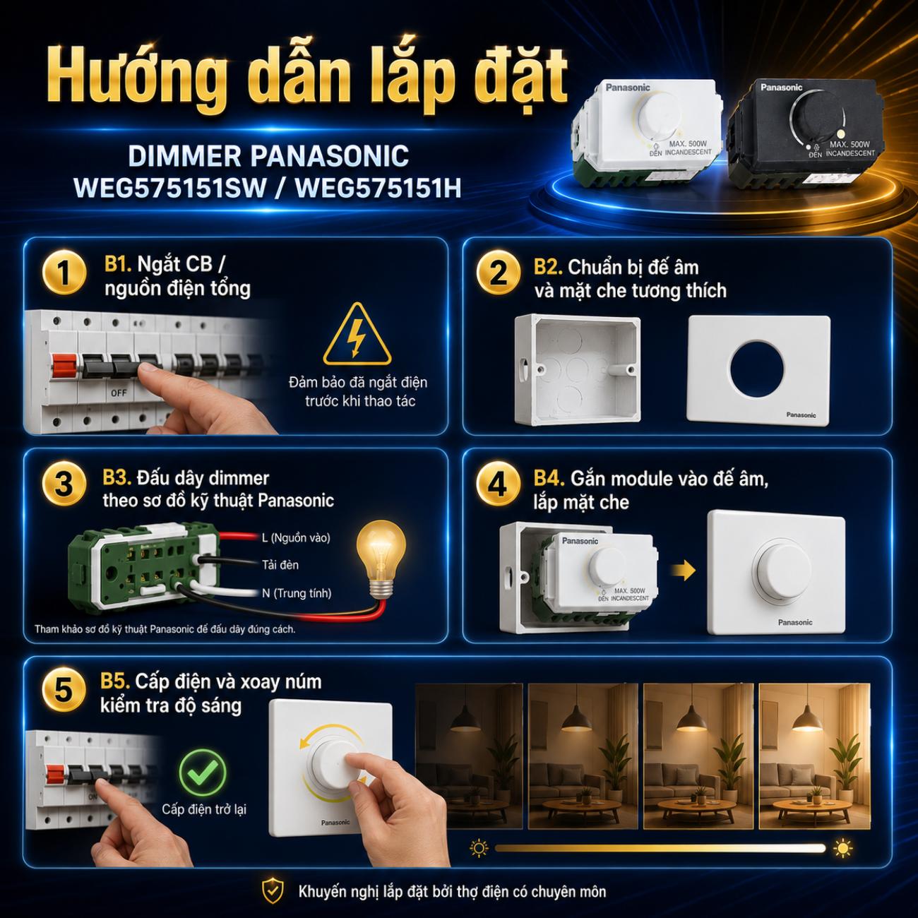 Bộ điều chỉnh độ sáng đèn Panasonic 220VAC-500W, loại có chức năng bật tắt